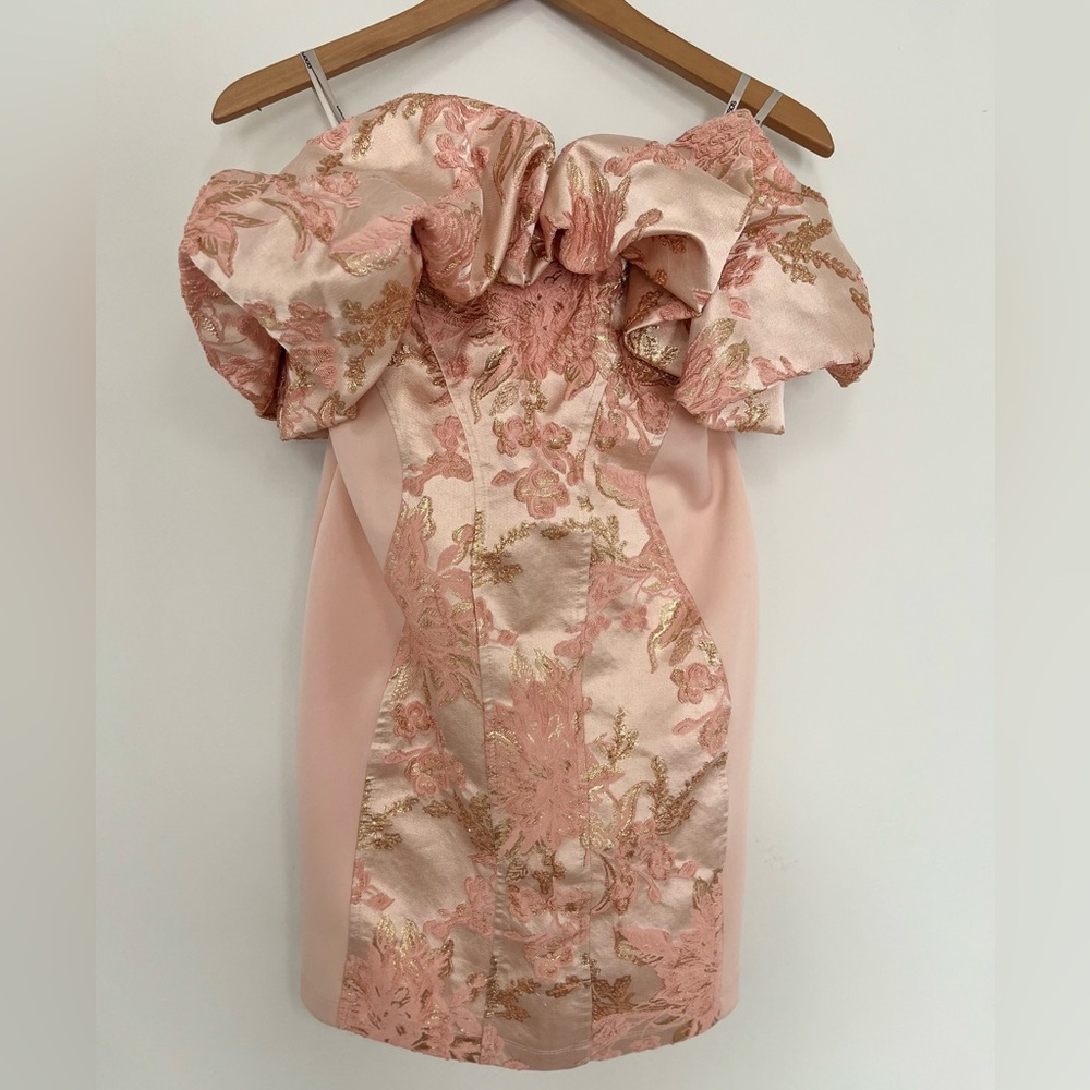 ASOS pink floral brocade off shoulder mini dresss